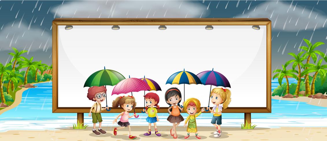Modelo de placa com crianças na chuva vetor