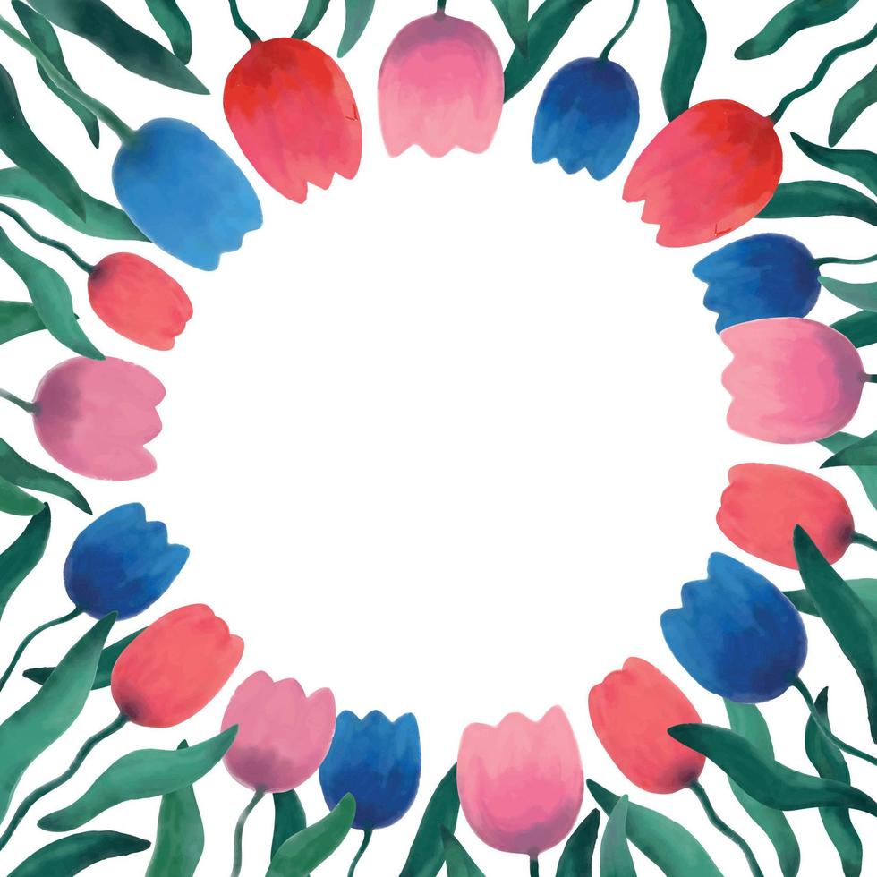 ilustração em vetor de flores coloridas em aquarela de tulipas com folhas verdes formando uma moldura redonda