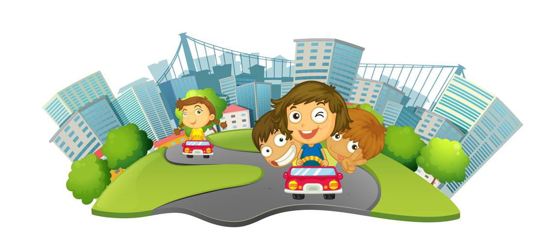 Crianças andando de carros no parque da cidade vetor