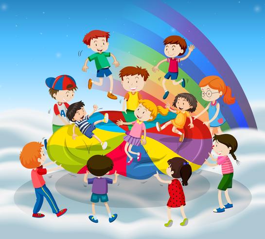 Muitas crianças pulando no tapete colorido vetor