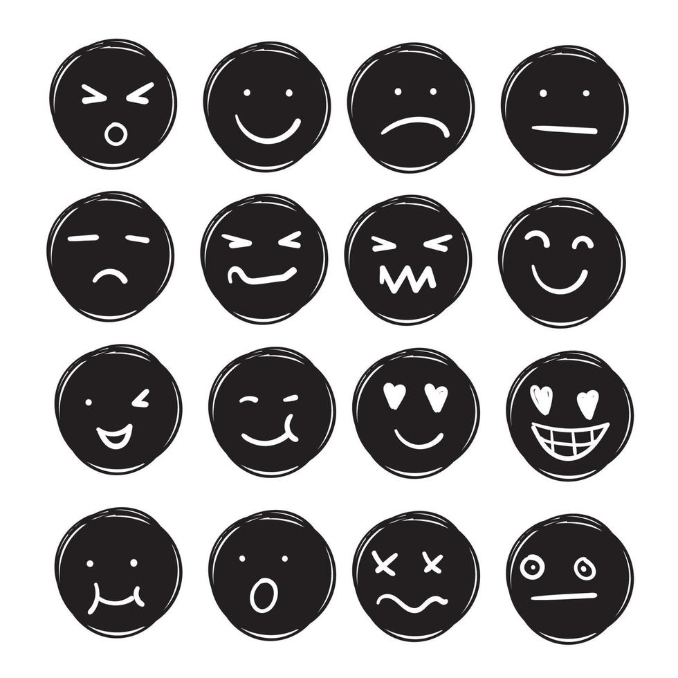 mão desenhada rostos de emojis de tinta. esboço de emoticons do doodle, ícones de pincel de tinta do rosto triste e feliz. desenho animado vetor