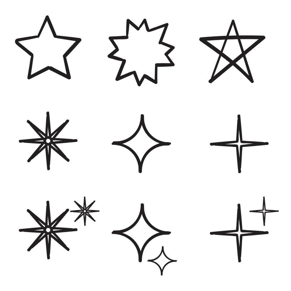 ícones de estrelas do doodle. estrelas cintilantes. brilhos, estouro de brilho. símbolos de vetor de natal isolados estilo desenhado à mão