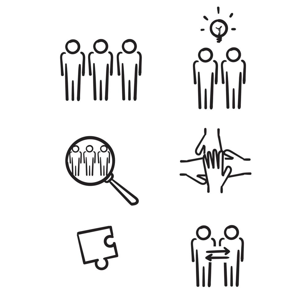 mão desenhado conjunto simples de ícones de linha do vetor relacionados ao trabalho em equipe. contém ícones como cooperação, colaboração, reunião de equipe.