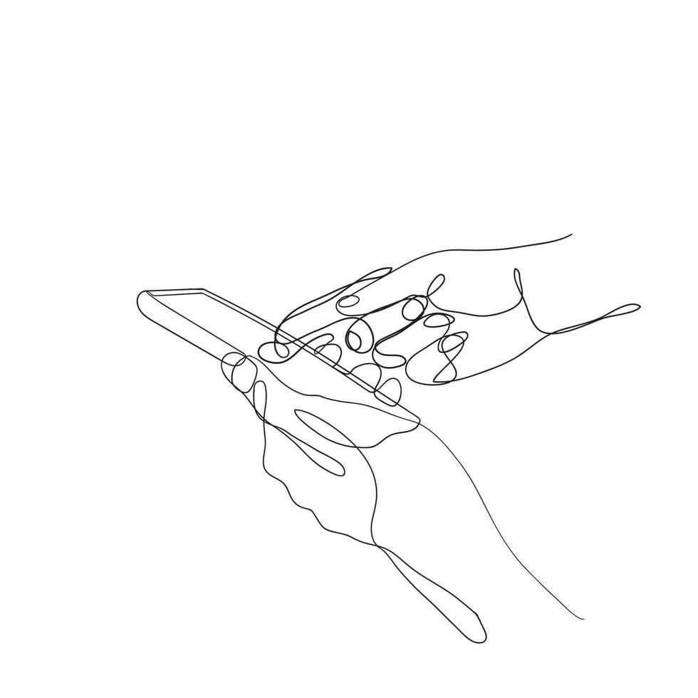 mão segurando e usando ilustração de smartphone em desenho de linha contínua vetor