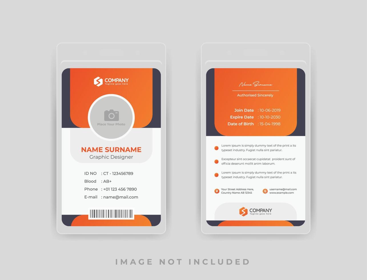 Design de cartão de identificação profissional limpo com cor laranja vetor