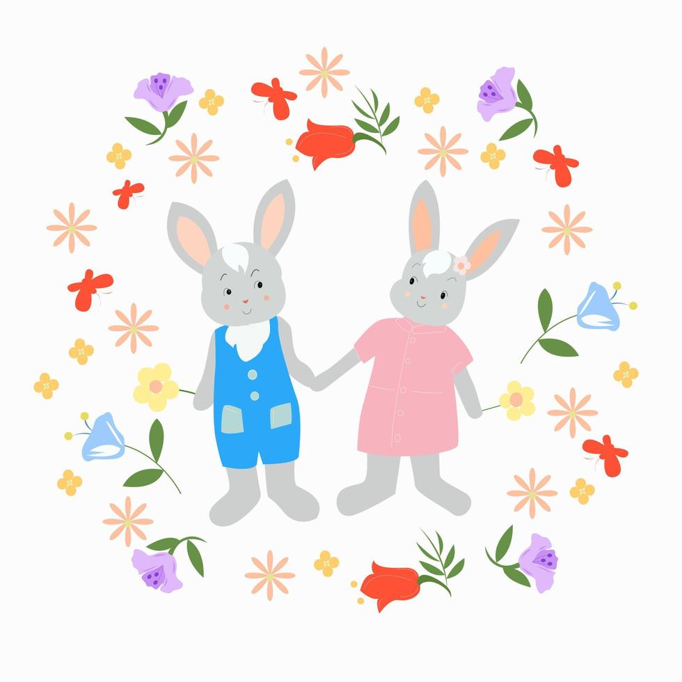 dois coelhos de mãos dadas, rodeados por flores. vetor