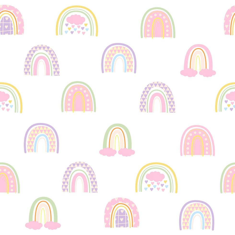 padrão pastel branco com arco-íris com nuvens corações multicoloridos. têxteis para crianças. álbum de recortes de papel digital para crianças. vetor