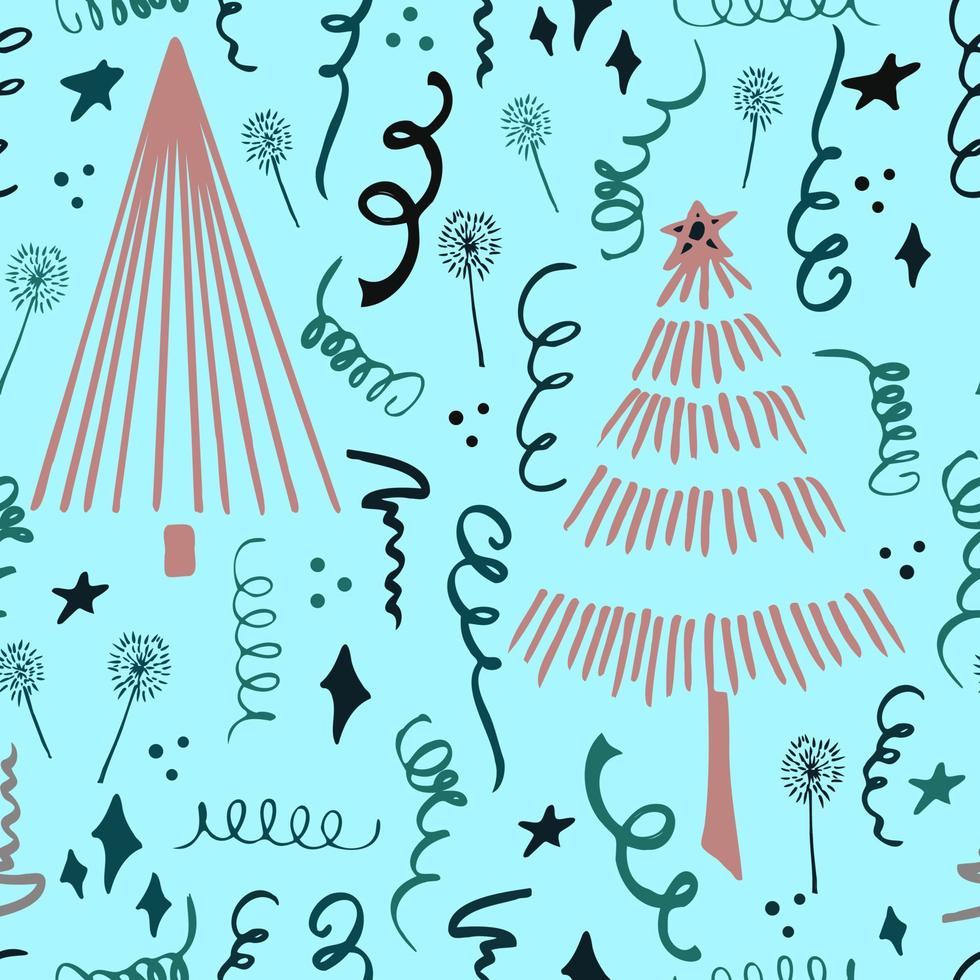 Natal fundo festa celebração vetor padrão sem emenda estilizado árvores de Natal com doces presentes e estrelinhas. papel de parede para papel de embrulho, convites, papel e cartões, planos de fundo de sites.