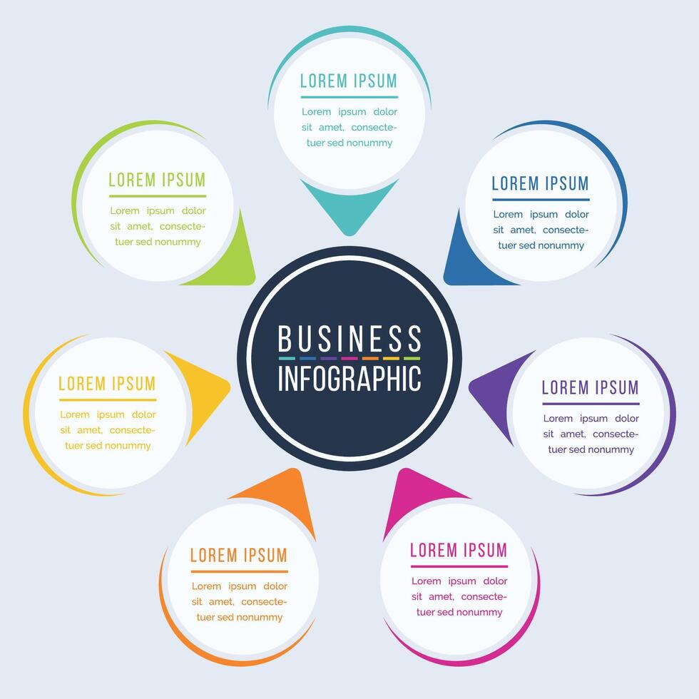 infográfico círculo Projeto 7 passos, objetos, elementos ou opções em formação o negócio infográfico modelo vetor