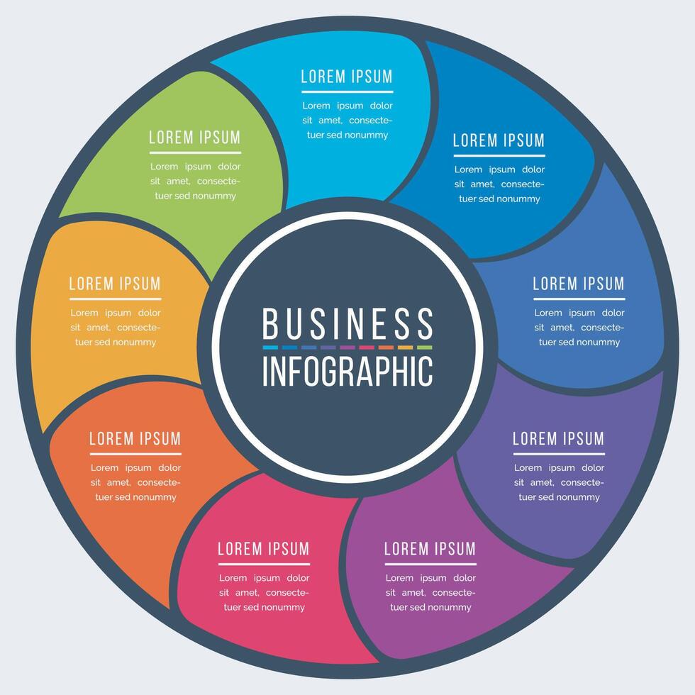 infográfico círculo Projeto 9 passos, objetos, elementos ou opções o negócio infográfico colorida modelo para o negócio em formação vetor