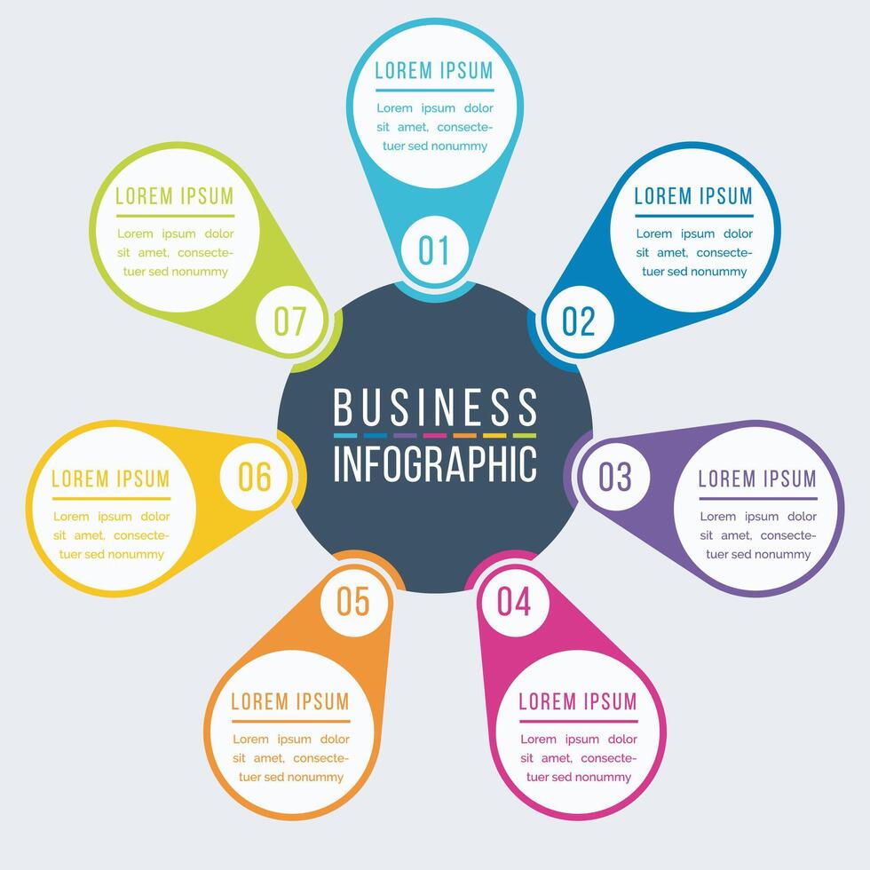 o negócio infográfico Projeto 7 passos, objetos, elementos ou opções infográfico círculo Projeto modelo vetor