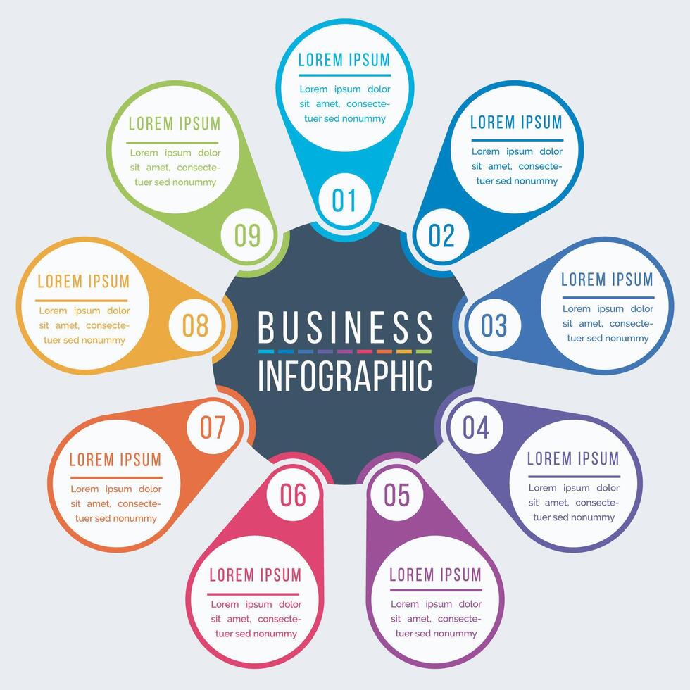 o negócio infográfico Projeto 9 passos, objetos, elementos ou opções infográfico círculo Projeto modelo vetor