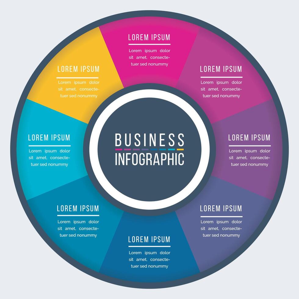 infográfico colorida Projeto 8 passos, objetos, elementos ou opções círculo infográfico modelo para o negócio em formação vetor