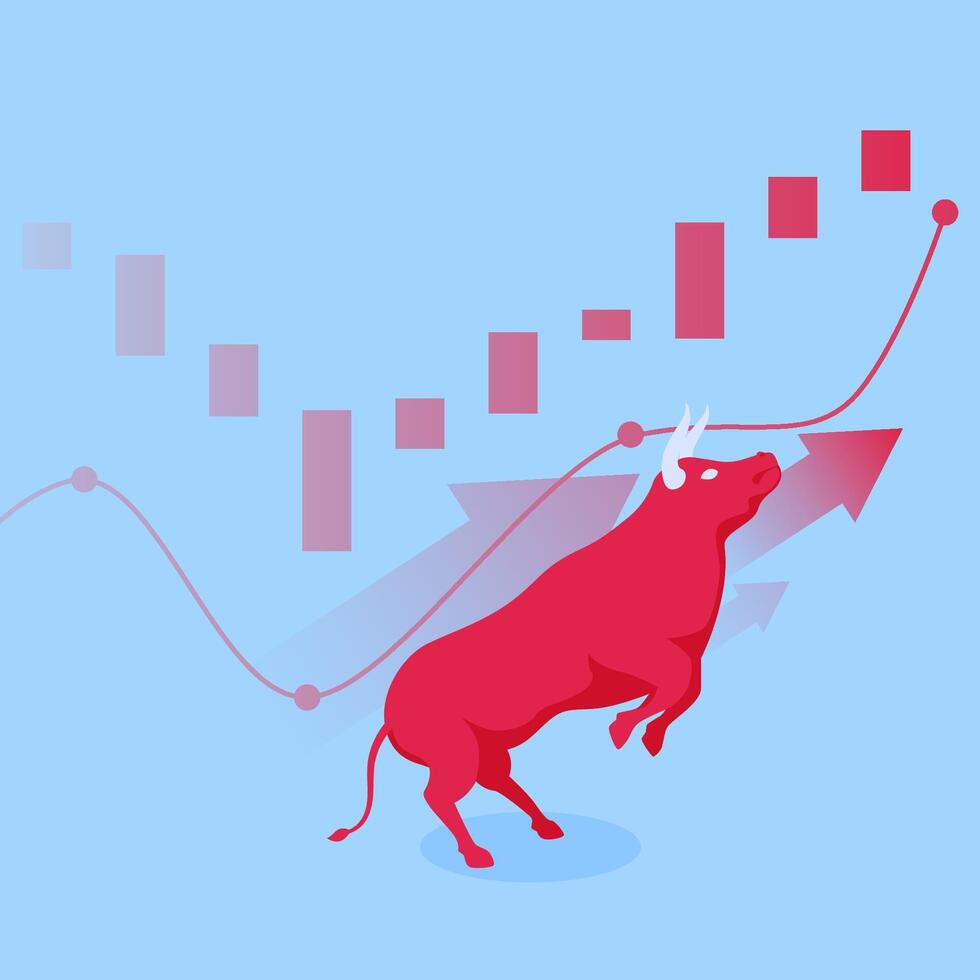 a touro levanta Está dois frente pernas pulando sobre a gráfico, uma metáfora para Aumentar compartilhar preços dentro a estoque mercado vetor