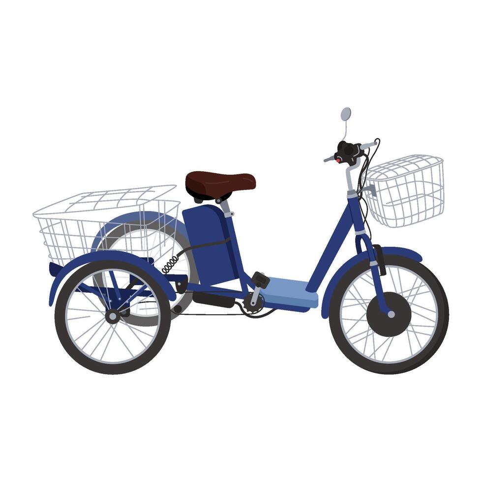 adulto triciclo com cesta. uma bicicleta em três rodas. ecológico transporte. entregue do pacotes de ciclismo correio triciclo carga projetado e construído especificamente. plano ilustração vetor