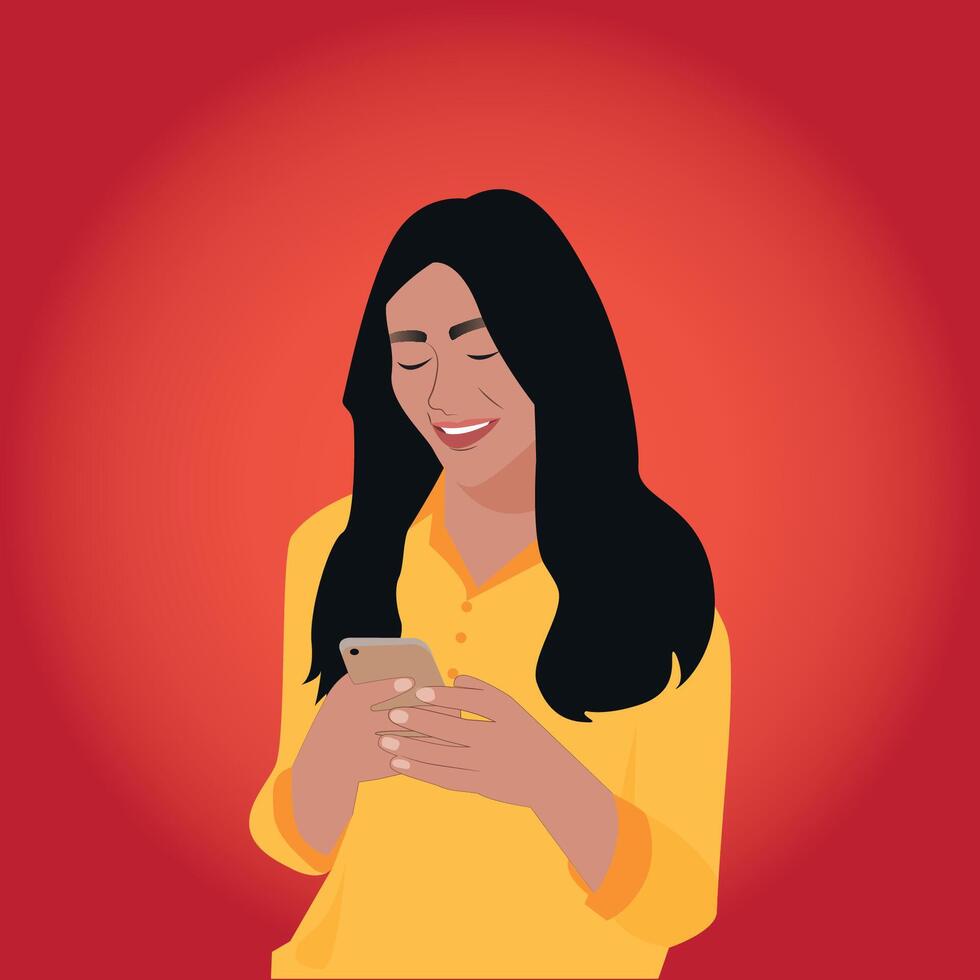 uma jovem ásia mulher é segurando uma Smartphone ilustração vetor