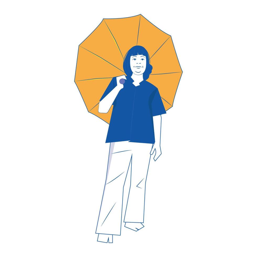uma mulher em pé debaixo uma amarelo guarda-chuva vetor