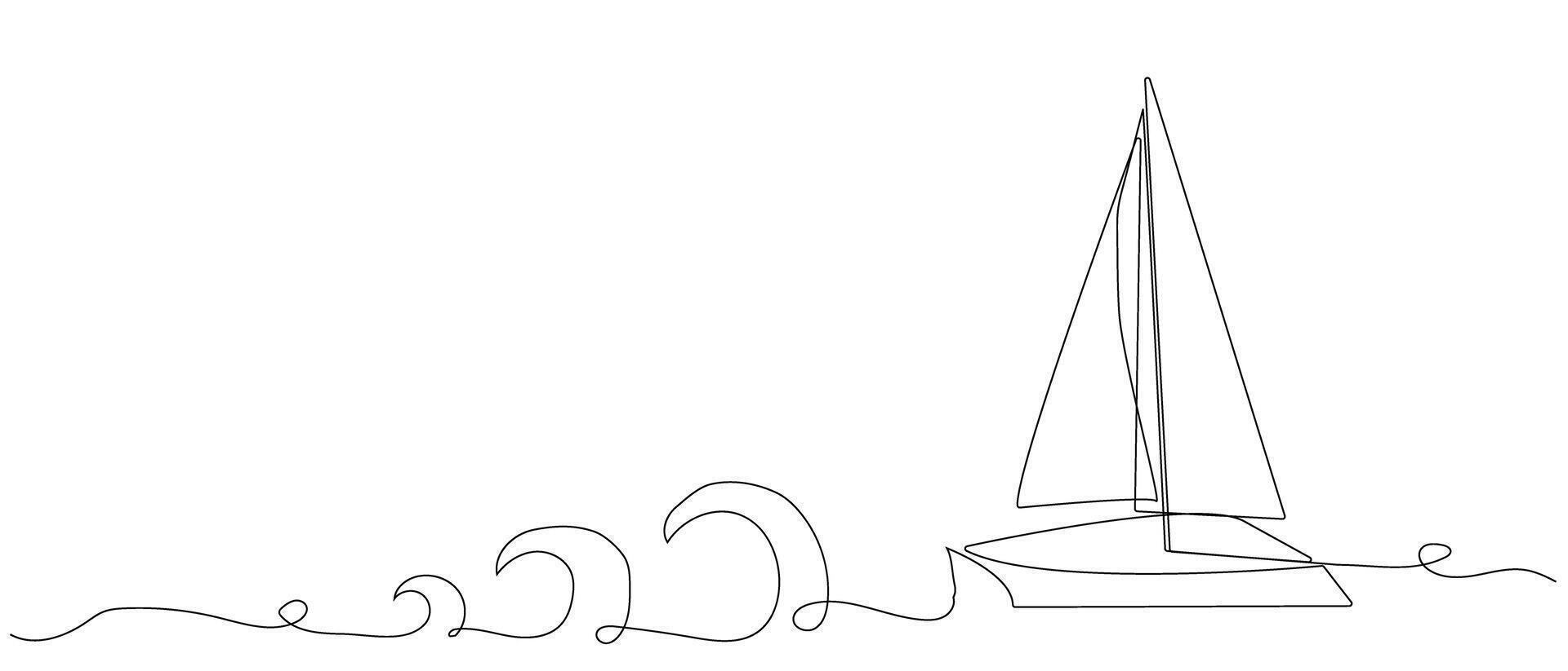 uma barco a vela em mar ondas, uma barco, uma bandeja. mão desenhando dentro a estilo do 1 contínuo linha. descansar em a água. vetor