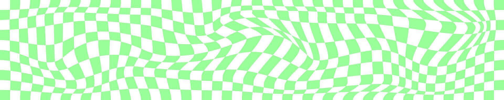 groovy trippy rede textura. distorcido tabuleiro de xadrez fundo. xadrez ótico ilusão. psicodélico padronizar com deformado verde e branco quadrados. urdidura tabuleiro de damas superfície. vetor