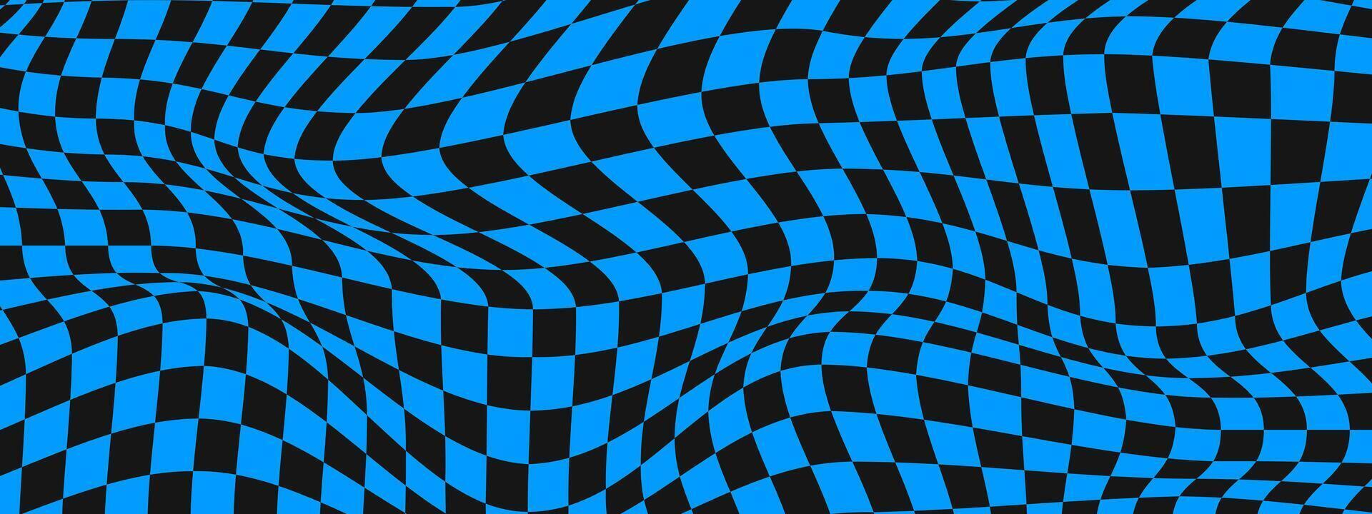 distorcido xadrez borda fundo. psicodélico padronizar com deformado Preto e azul quadrados. trippy tabuleiro de damas textura. xadrez ótico ilusão. vetor