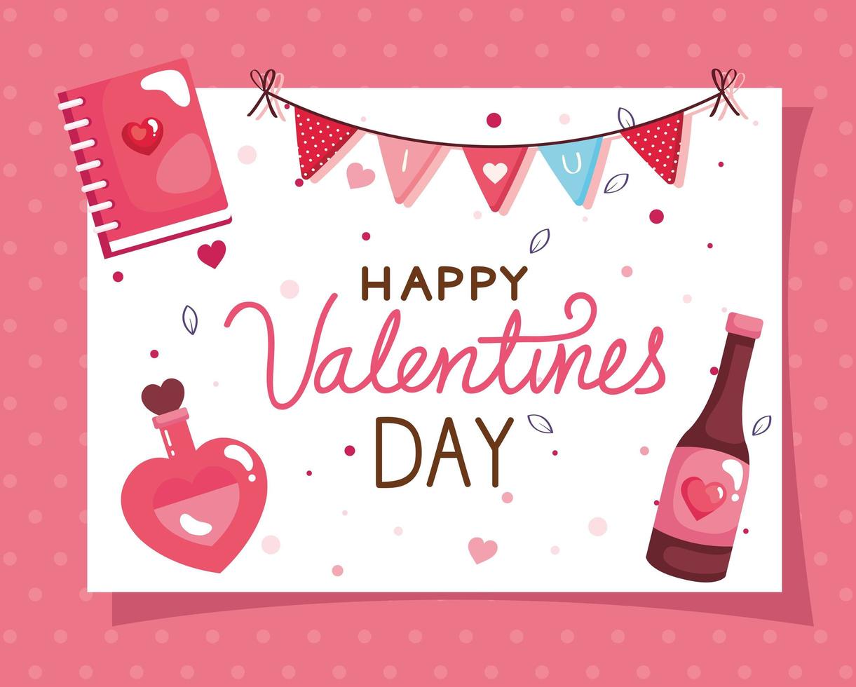 cartão de feliz dia dos namorados com garrafa de vinho e decoração vetor