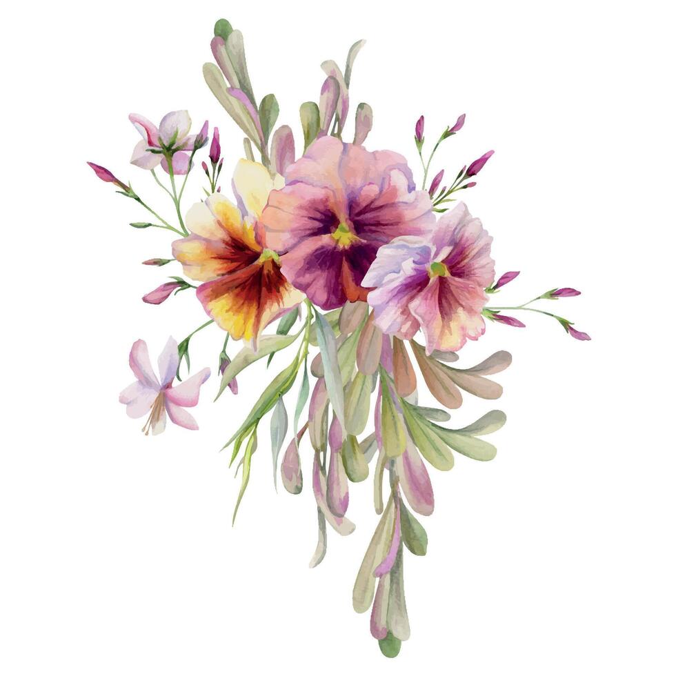 mão desenhado aguarela ilustração botânico flores folhas. amor-perfeito viola, gafanhoto índigo filial, Rosa lobelia jasmim, salgueiro eucalipto. ramalhete isolado branco fundo. Projeto casamento, amor cartões vetor