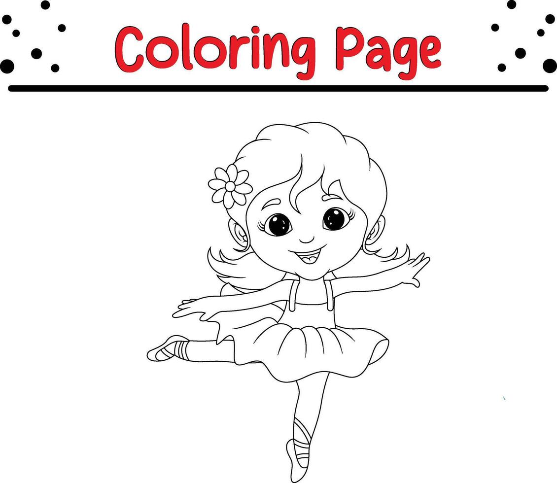 engraçado pequeno menina bailarina coloração página para crianças. Preto e branco ilustração para coloração livro vetor