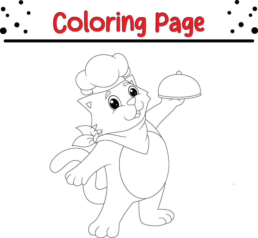 chefe de cozinha gato carregando Comida bandeja coloração livro página para crianças. vetor