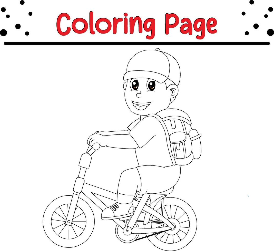 Garoto ir escola de bicicleta coloração livro página para crianças. vetor