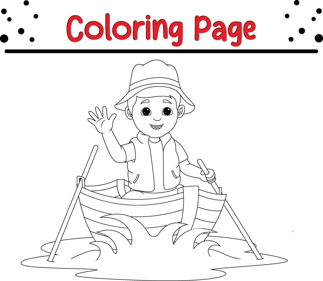 Garoto acenando de madeira barco coloração página para crianças e adultos vetor