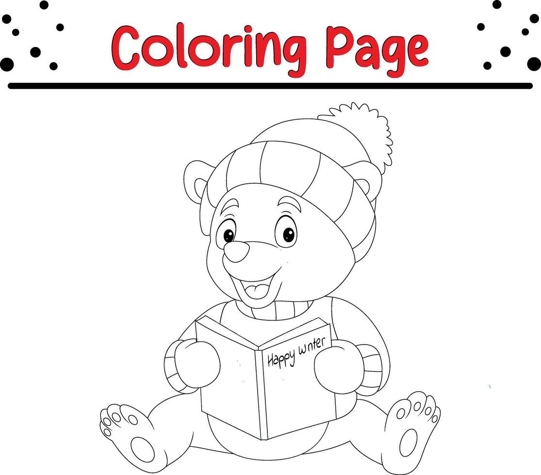 pequeno Urso inverno roupas lendo livro coloração livro página para crianças. vetor