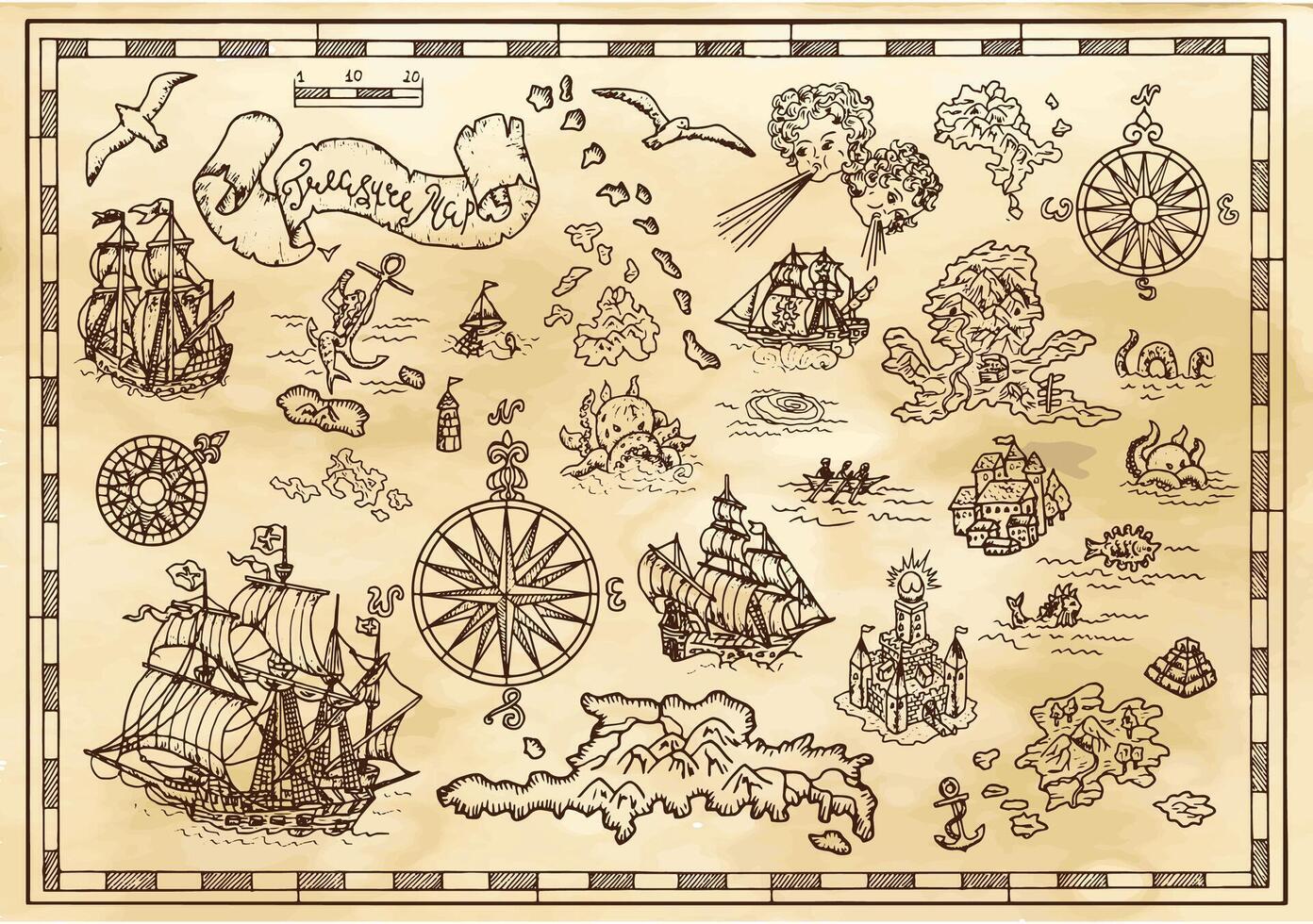 Projeto conjunto com náutico decorativo elementos, fantasia criaturas, pirata Tesouro mapa vetor