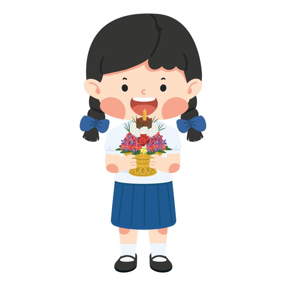 menina tailandês aluna com flor bandeja para professor dia vetor