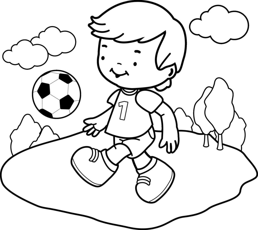 pequeno criança futebol atleta às a estádio chutando uma futebol bola. Garoto jogando futebol. Preto e branco coloração página. vetor
