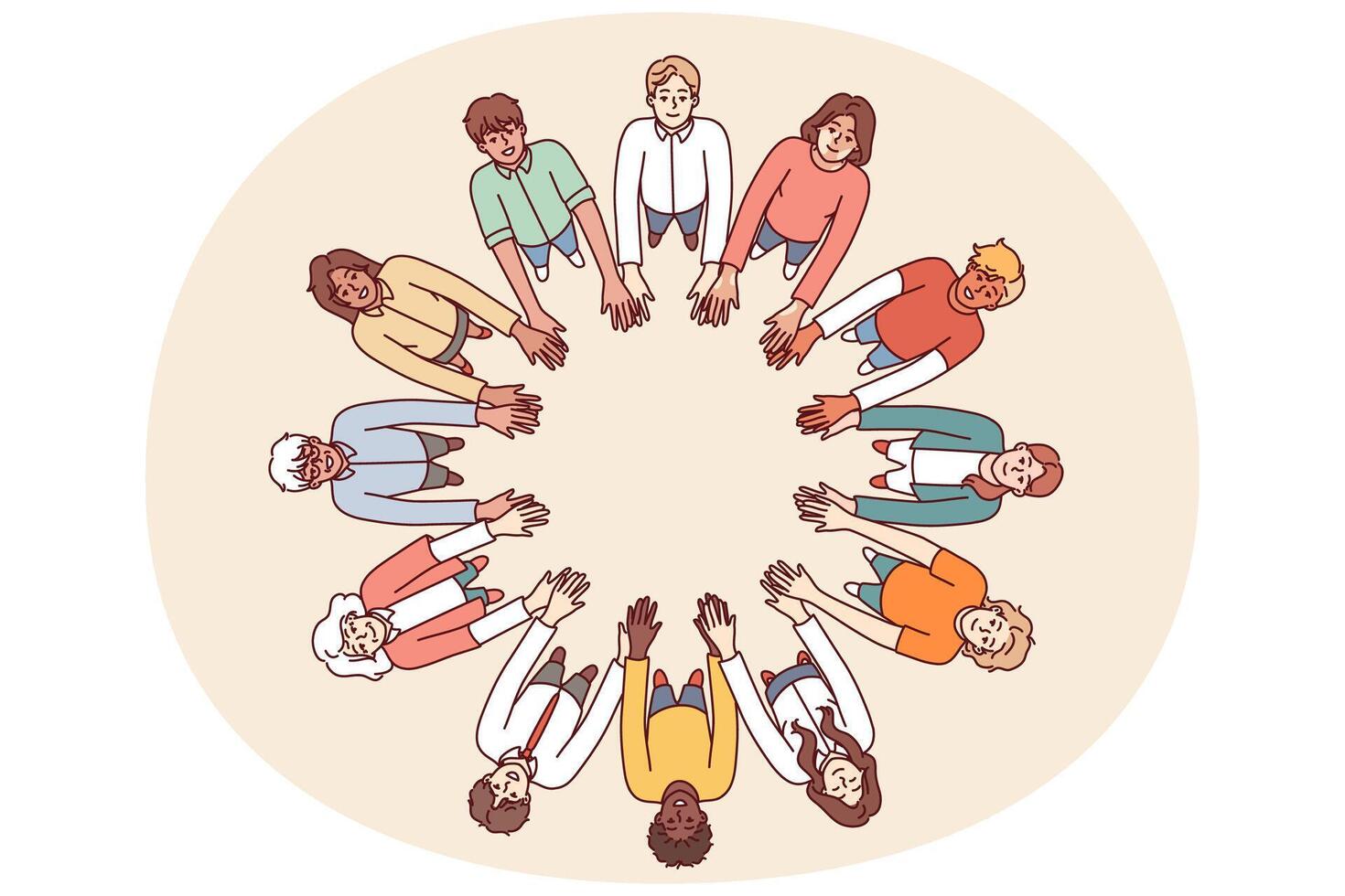 amigáveis pessoas ficar de pé dentro círculo aguarde mãos para colaboração e trabalho em equipe, topo Visão vetor