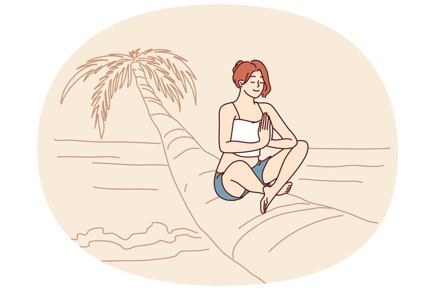 mulher fazendo ioga sentado em Palma árvore dentro lótus posição desfrutando verão viagem e meditando vetor