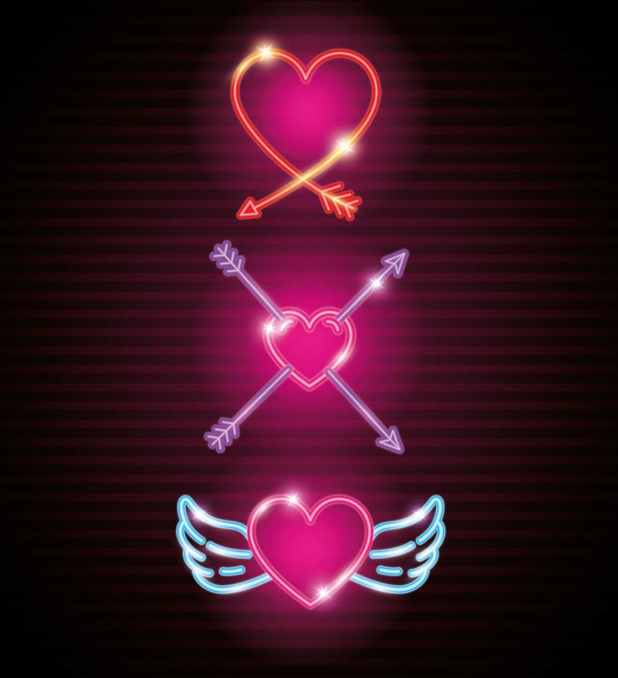 conjunto de ícones do dia dos namorados em luz neon vetor