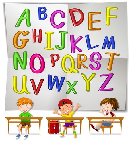 Alfabetos ingleses e crianças em sala de aula vetor