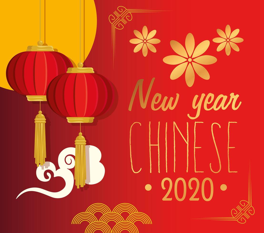 feliz ano novo chinês 2020 com lanternas penduradas vetor