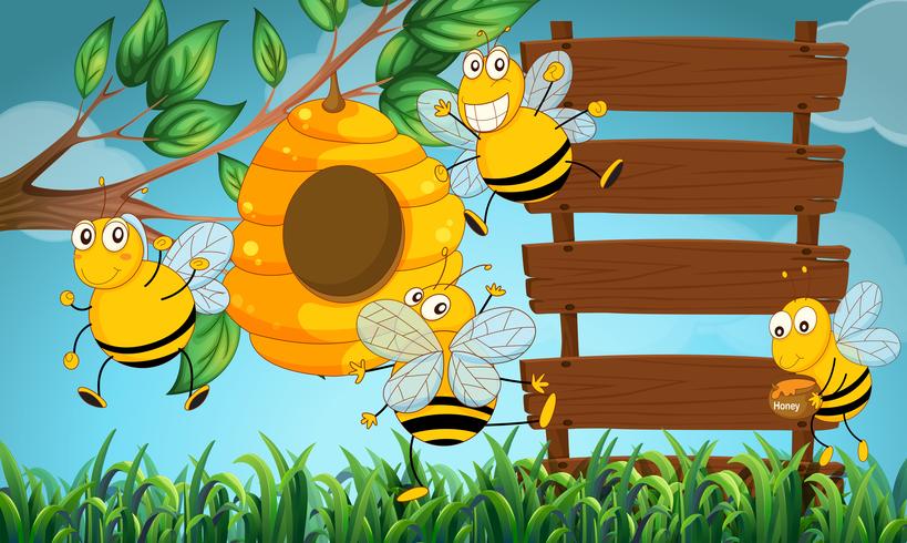 Cena com tábuas de madeira e abelha voando no jardim vetor