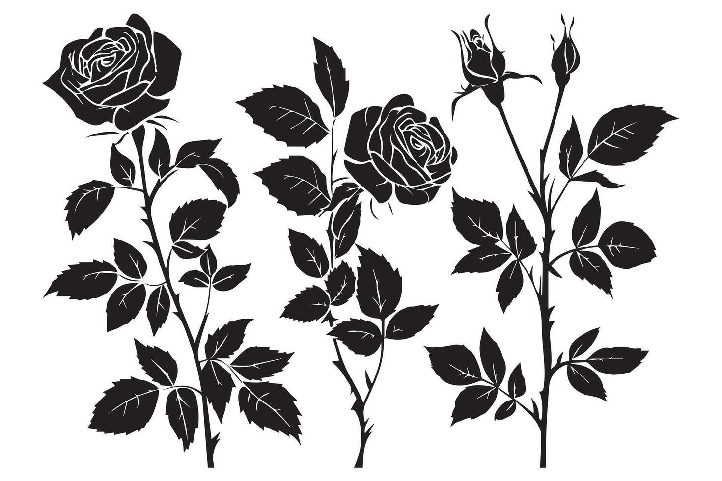 conjunto do três Preto silhuetas do rosa flores isolado em uma branco fundo. minimalista mão desenhado esboço. estoque ilustração vetor