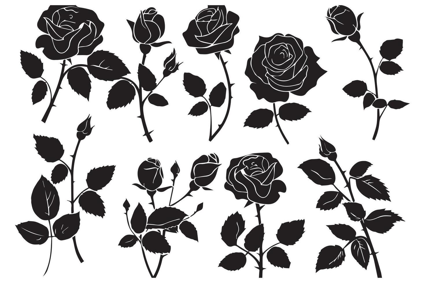 rosa silhuetas Preto brotos e hastes do rosas estênceis isolado em branco fundo vetor