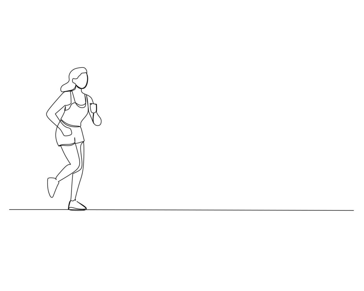 contínuo solteiro linha desenhando do jovem mulher somente começado corrida. saudável esporte Treinamento conceito. Projeto ilustração vetor