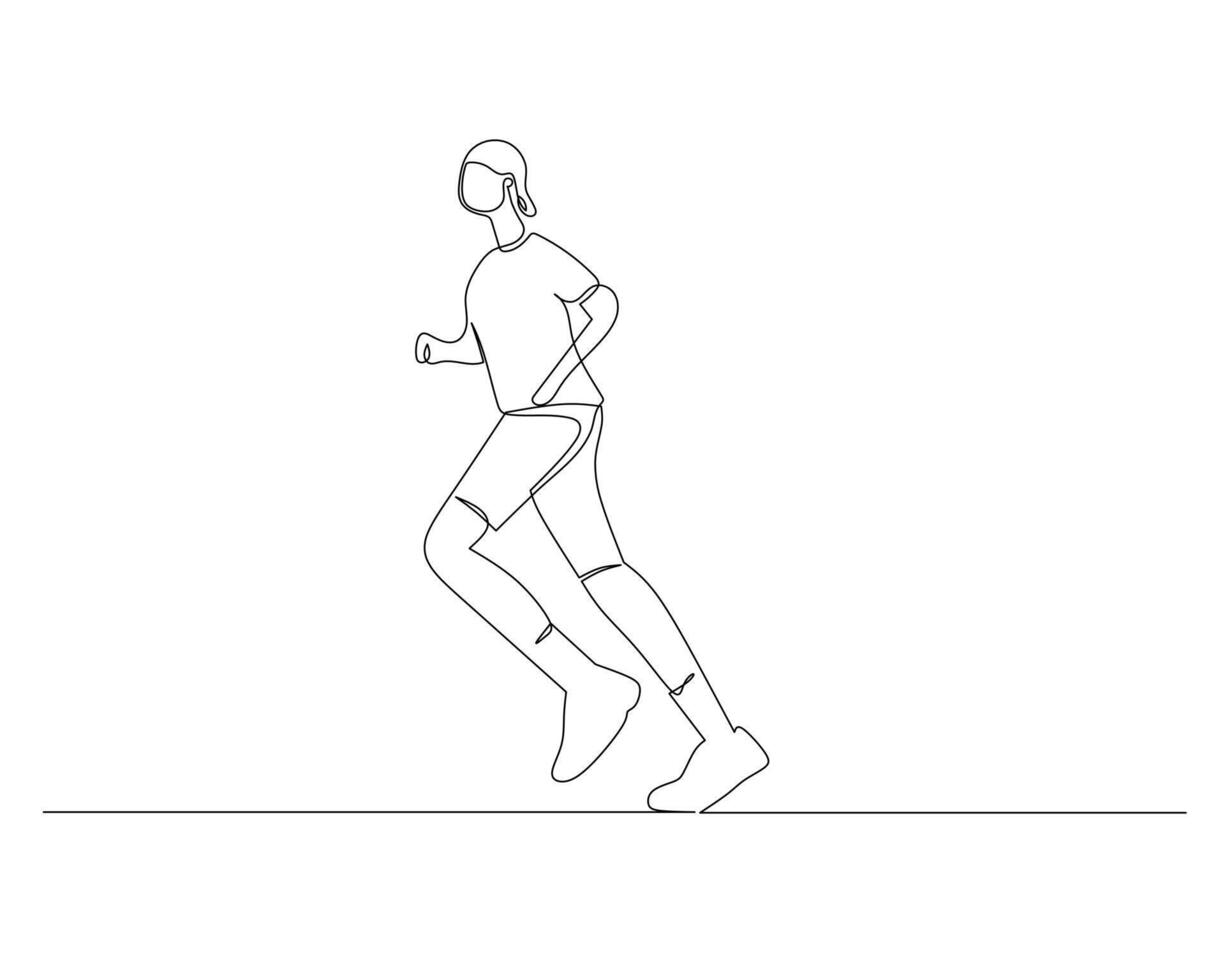 contínuo solteiro linha desenhando do uma homem vestindo uma para trás chapéu corre casualmente em uma em linha reta acompanhar. saudável esporte Treinamento conceito. Projeto ilustração vetor
