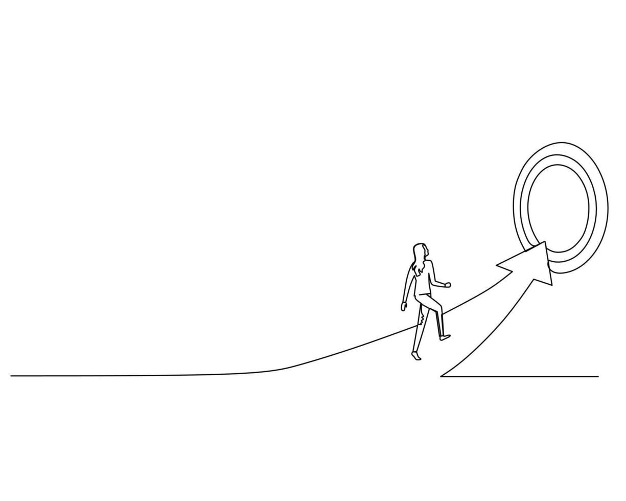 contínuo solteiro 1 desenhando carreira mulher caminhando em a seta apontando para uma alvo borda. ilustração Projeto para o negócio crescimento estratégia conceito. vetor