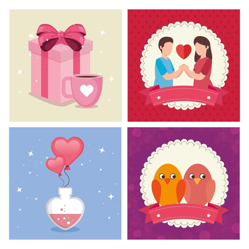 conjunto de cartões de feliz dia dos namorados com decoração vetor