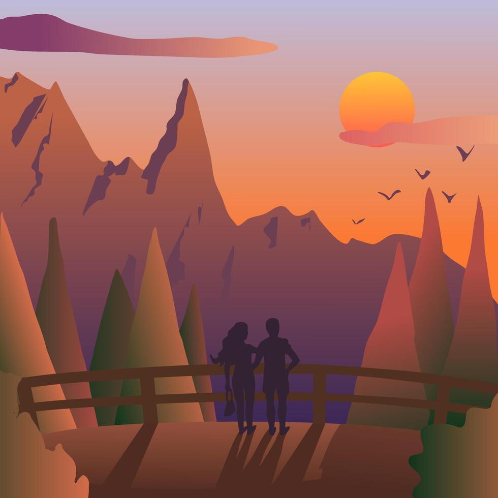 jovem homem e mulher abraçando às pôr do sol, olhando para montanha gamas e floresta sobre que a Sol é já girando laranja. ilustração amor relação família vida dentro natureza em uma viagem vetor