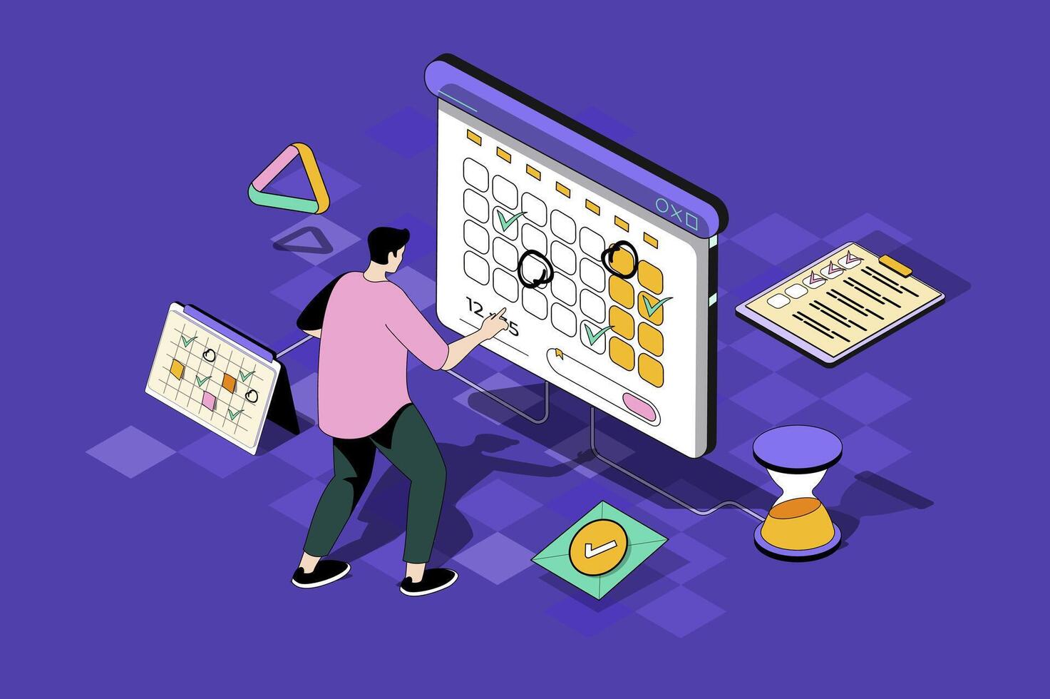 Tempo planejamento rede conceito dentro 3d isométrico Projeto. homem configuração prioridade tarefas, marcas Encontros e faz notas em calendário, fluxo de trabalho gerenciamento. rede ilustração com pessoas isometria cena vetor