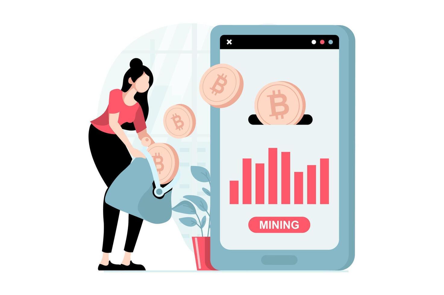 criptomoeda mineração conceito com pessoas cena dentro plano Projeto. mulher minas bitcoins para venda em mercados usando digital carteira dentro Móvel aplicativo. ilustração com personagem situação para rede vetor