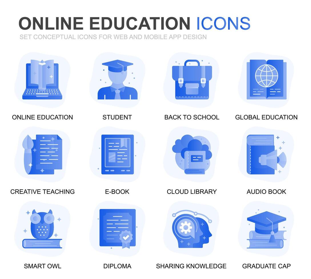 moderno conjunto Educação e conhecimento gradiente plano ícones para local na rede Internet e Móvel aplicativos. contém tal ícones Como estudo, escola, graduação, ebook. conceptual cor plano ícone. pictograma pacote. vetor